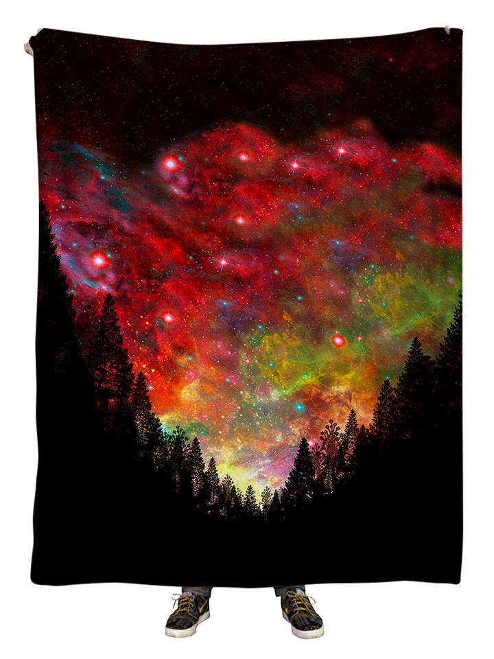 Hanging view of all over print red, black & rainbow forest galaxy blanket by GratefullyDyed Apparel.