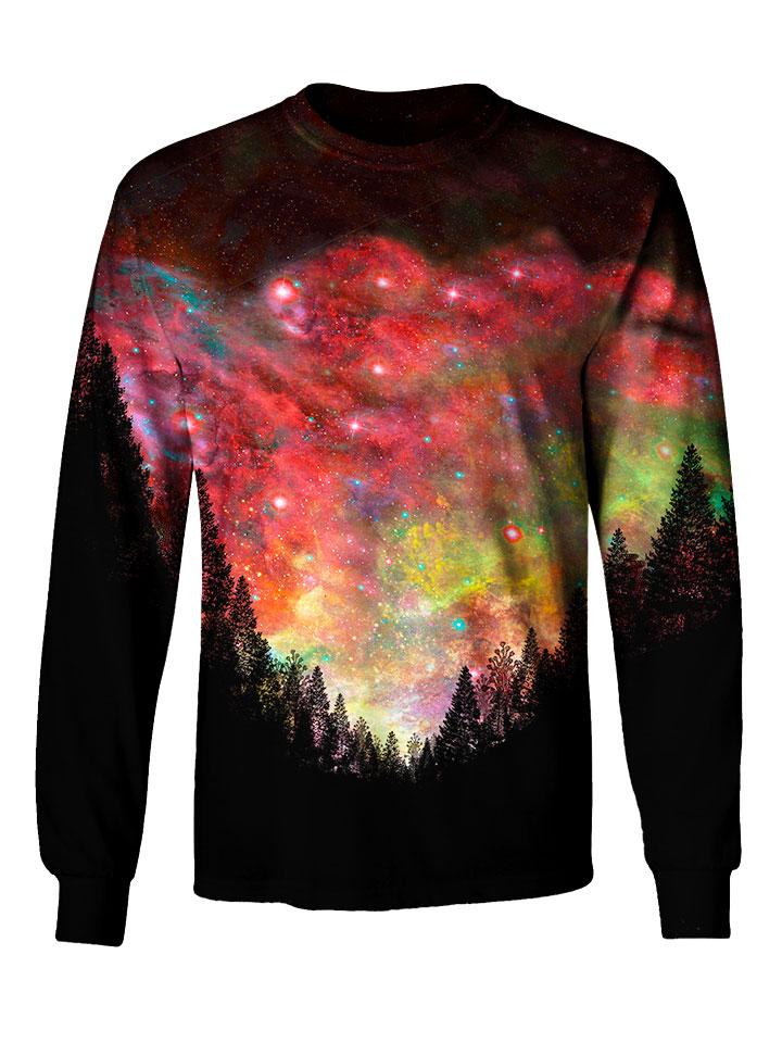 Gratefully Dyed Apparel red & rainbow forest galaxy unisex long sleeve front view.
