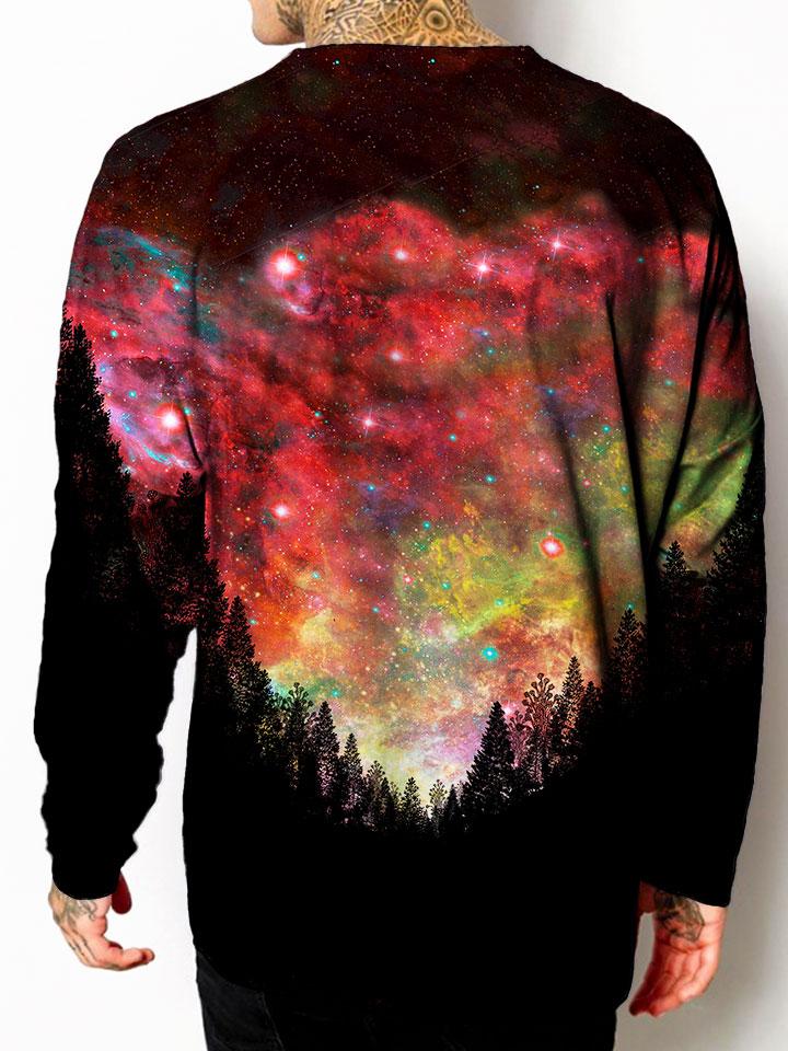 Model back view of all over print psychedelic tree space unisex longsleeve.