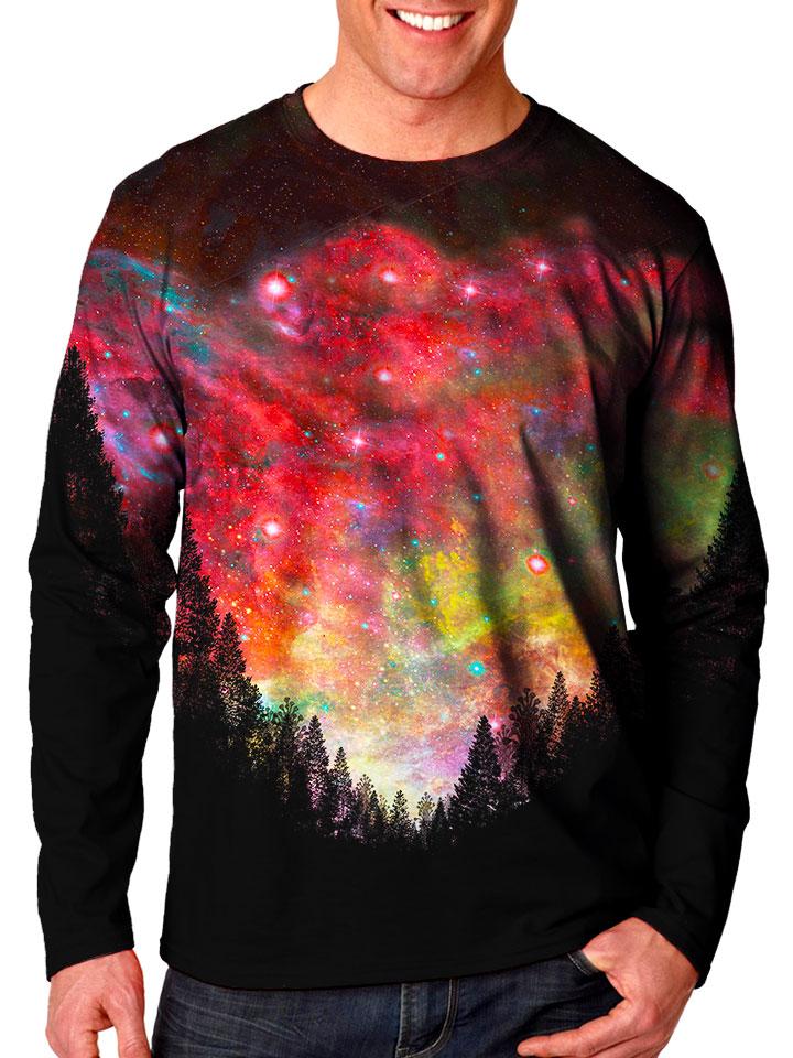 Front view of model wearing Gratefully Dyed Apparel forest galaxy unisex long sleeve.