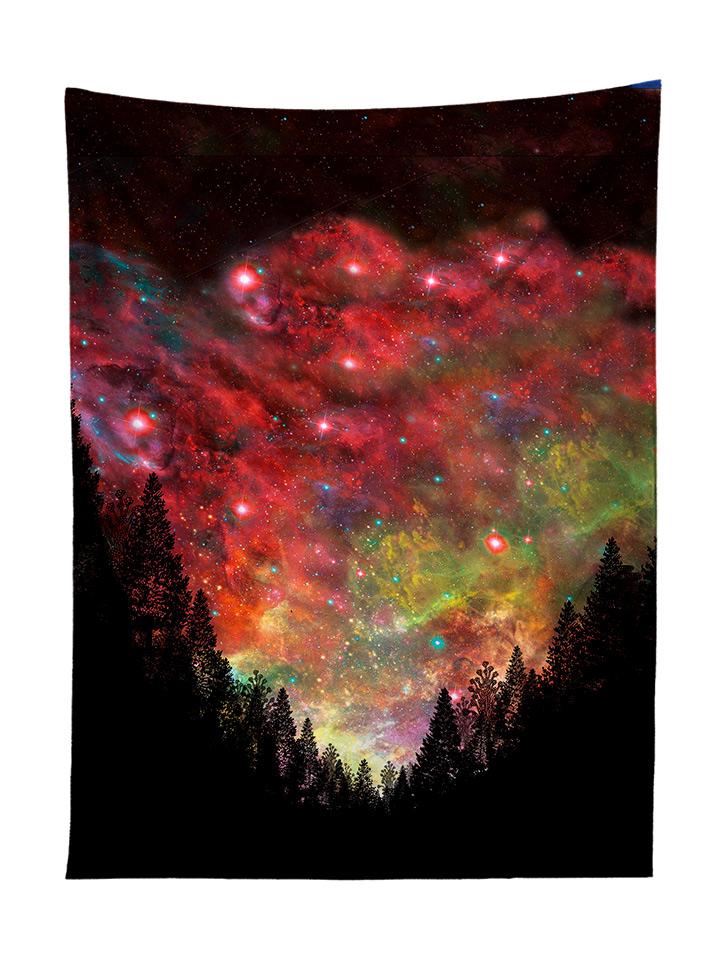 Vertical hanging view of all over print red & rainbow forest galaxy tapestry by GratefullyDyed Apparel.