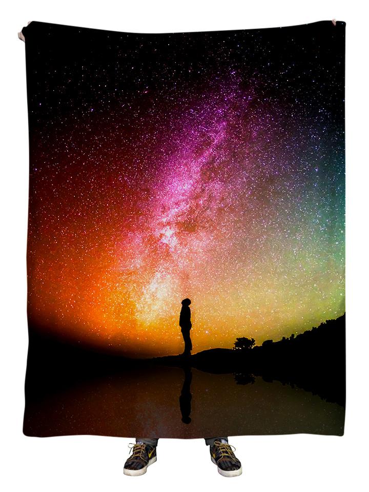 Hanging view of all over print rainbow milky way galaxy blanket by GratefullyDyed Apparel.