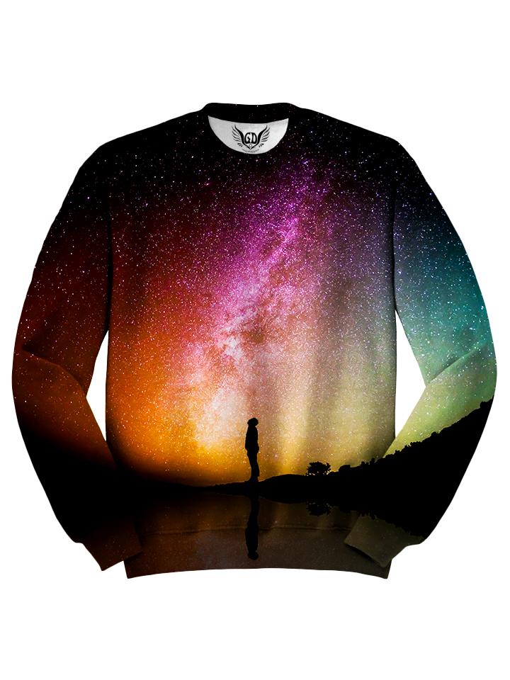All over print rainbow nebula galaxy unisex sweater by GratefullyDyed Apparel front view.