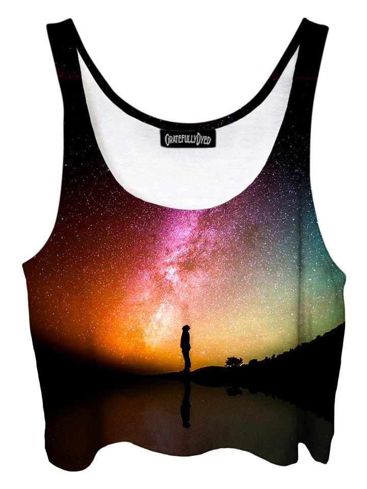 Trippy front view of GratefullyDyed Apparel black & rainbow galaxy crop top.