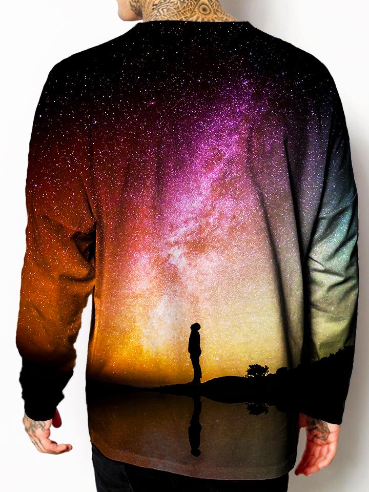 Model back view of all over print psychedelic space unisex longsleeve.