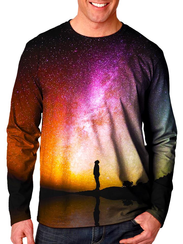 Front view of model wearing Gratefully Dyed Apparel rainbow galaxy unisex long sleeve.
