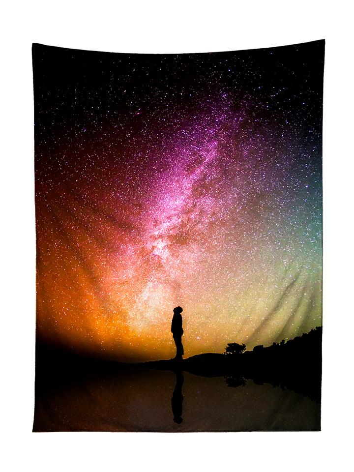 Vertical hanging view of all over print rainbow galaxy tapestry by GratefullyDyed Apparel.