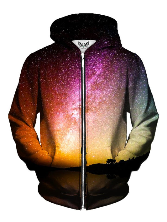 Men's rainbow galaxy zip-up hoodie front view.