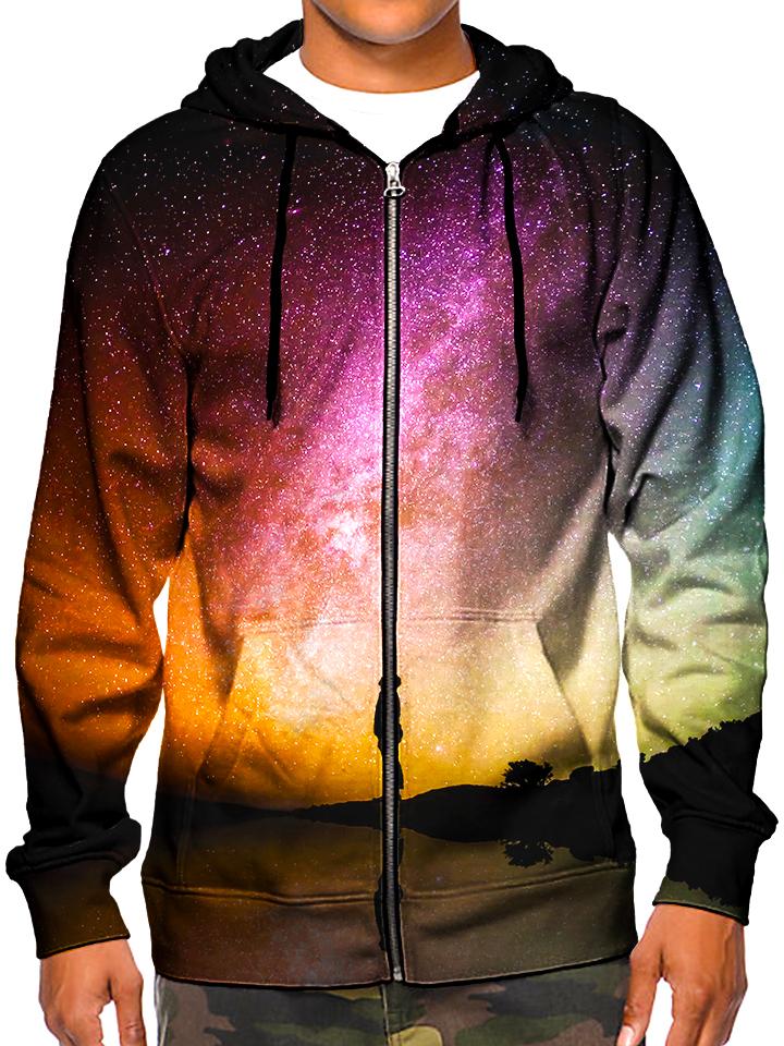 Model wearing GratefullyDyed Apparel psychedelic rainbow galaxy zip-up hoodie.
