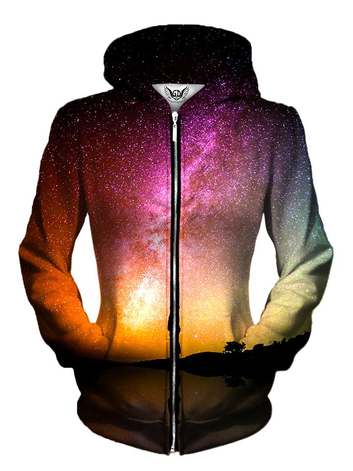 Front view of women's all over print space zip up hoody by Gratefully Dyed Apparel.