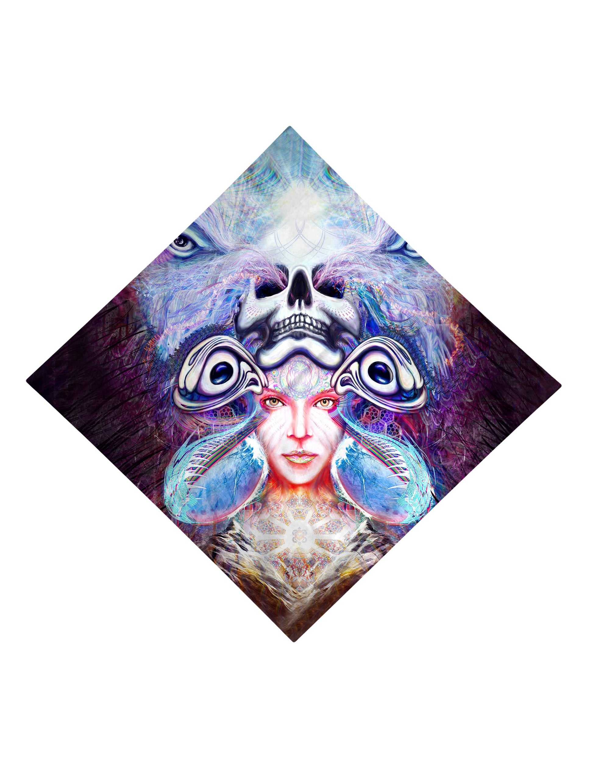 Trippy Gratefully Dyed Apparel blue & purple visionary art bandana flat view.