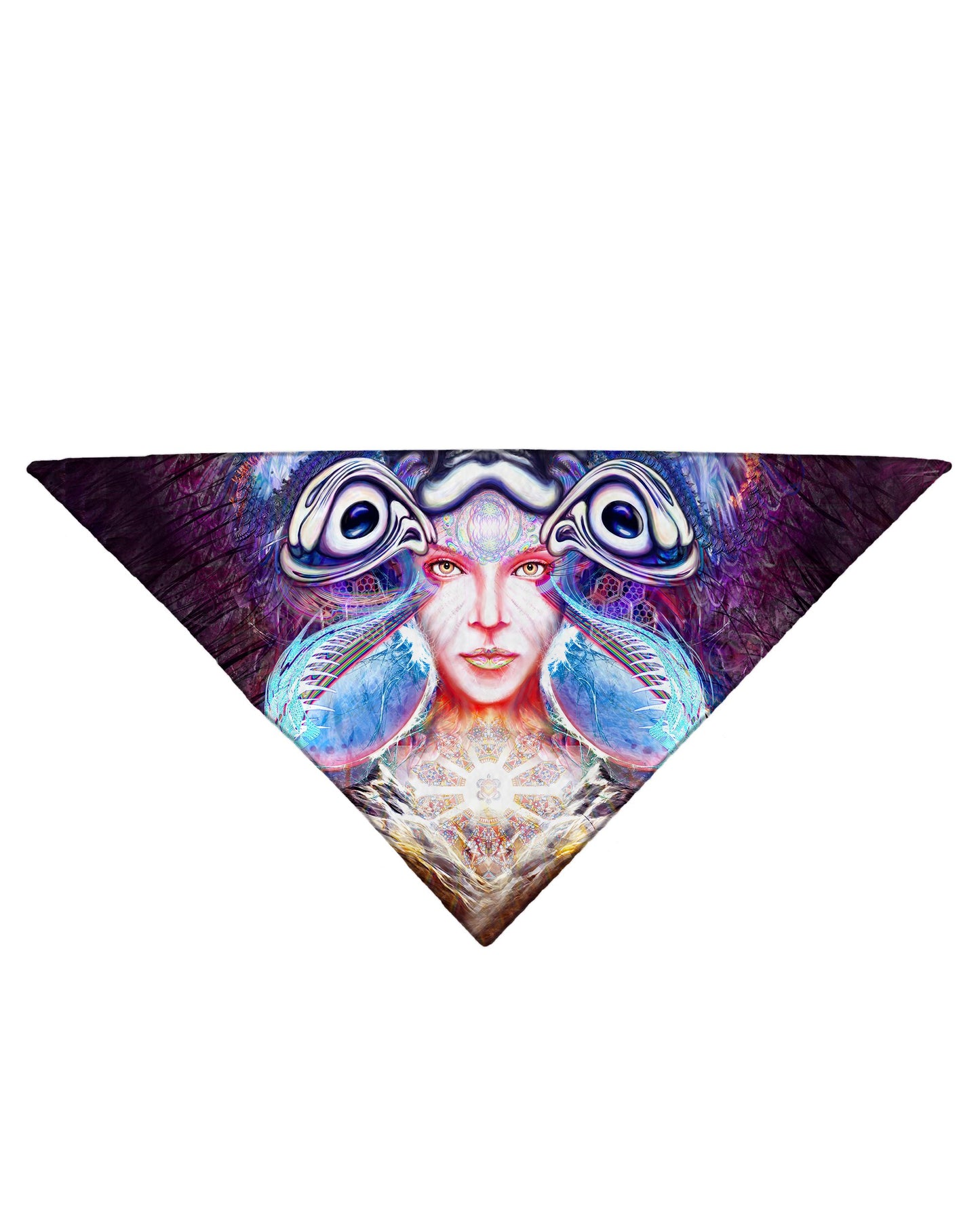 Diagonally folded psychedelic visionary art printed headband.