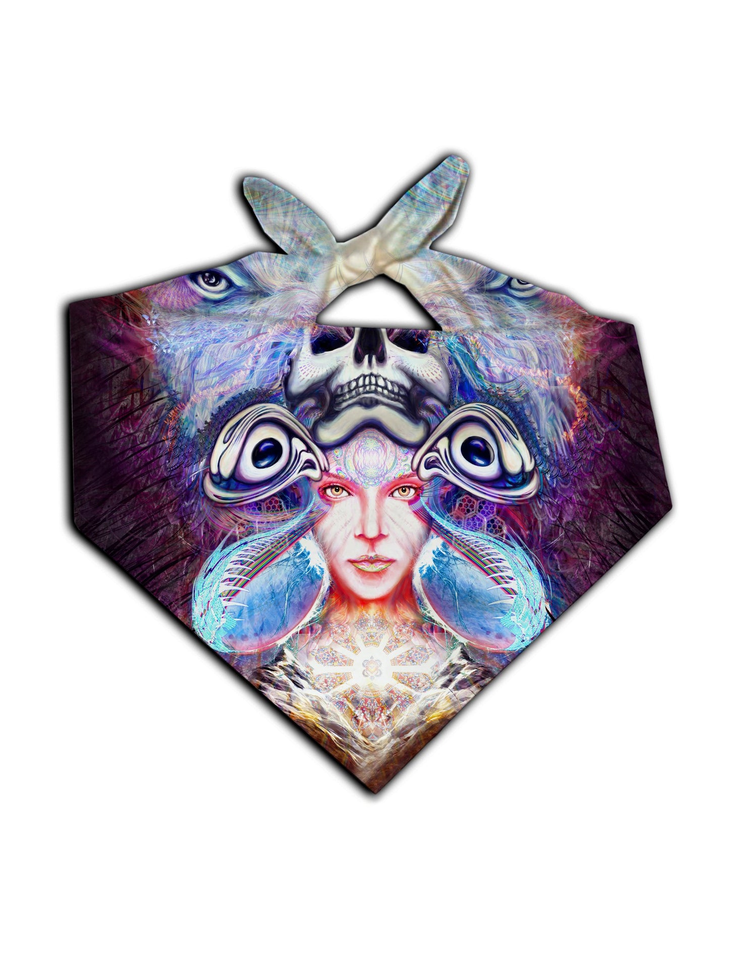 All over print blue & purple visionary art bandana by GratefullyDyed Apparel tied neck scarf view.