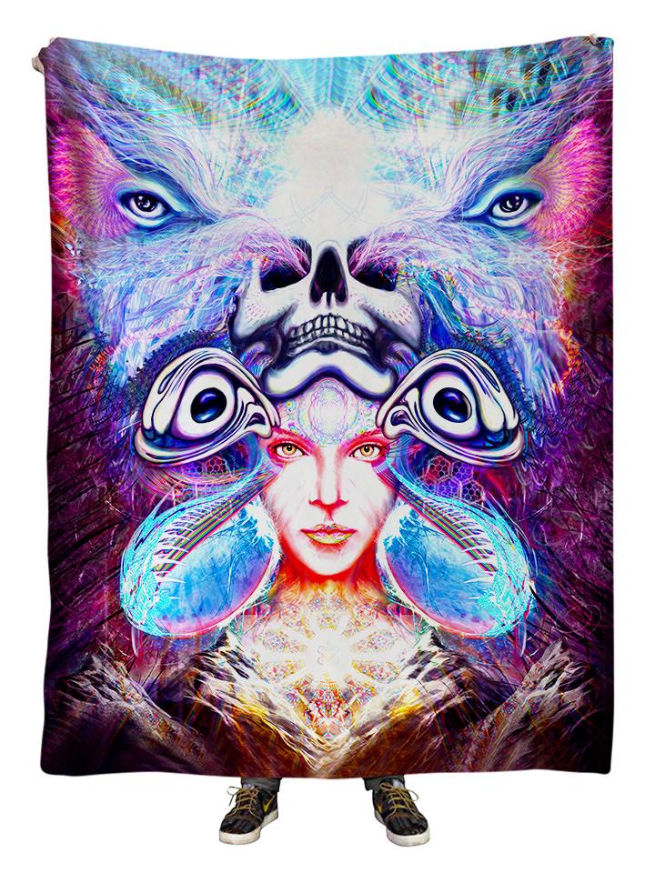 Hanging view of all over print purple, pink & blue visionary art blanket by GratefullyDyed Apparel.