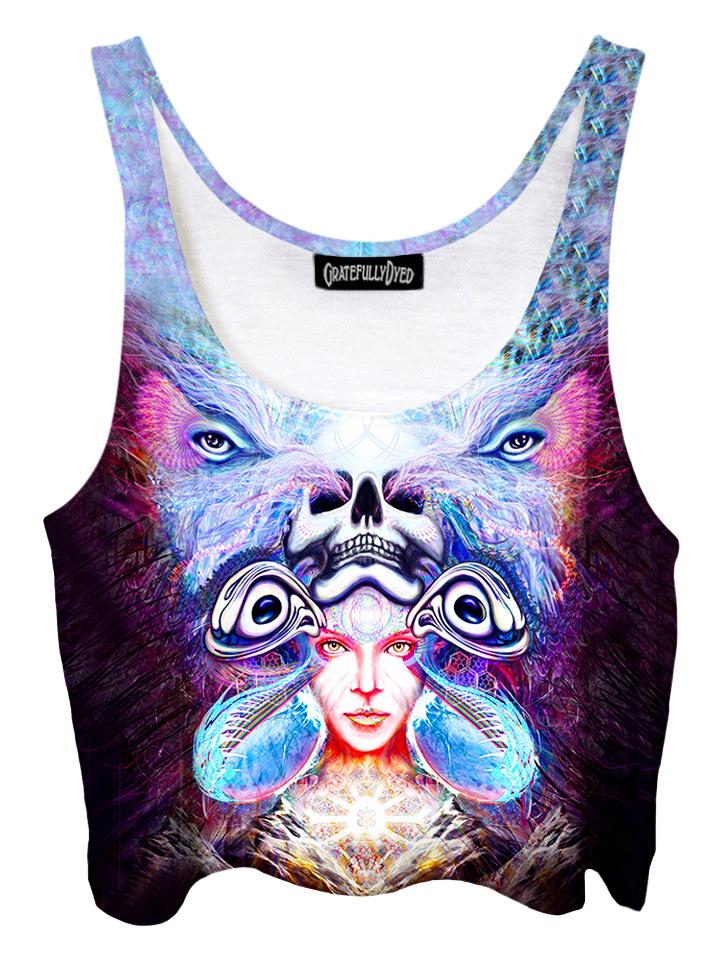 Trippy front view of GratefullyDyed Apparel purple, blue & red visionary art crop top.