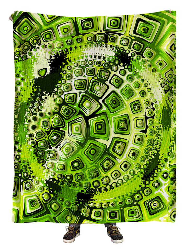 Hanging view of all over print green geometric mandala blanket by GratefullyDyed Apparel.