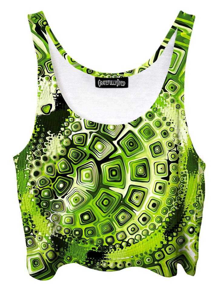 Trippy front view of GratefullyDyed Apparel retro green geometric fractal crop top.