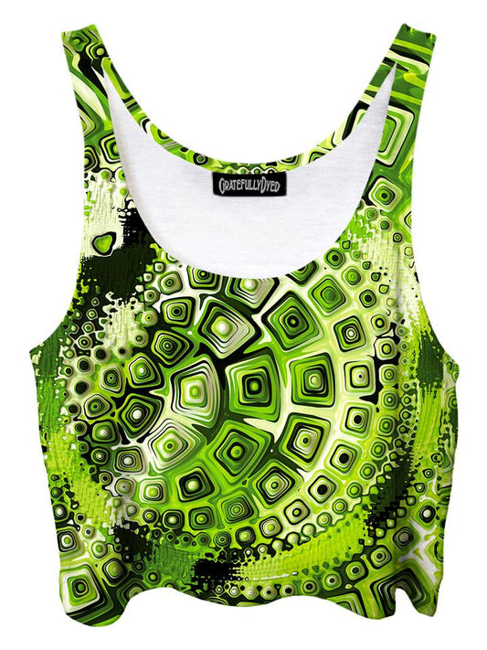 Trippy front view of GratefullyDyed Apparel retro green geometric fractal crop top.