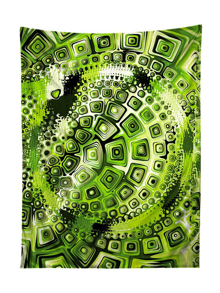 Vertical hanging view of all over print green geometric mandala tapestry by GratefullyDyed Apparel.