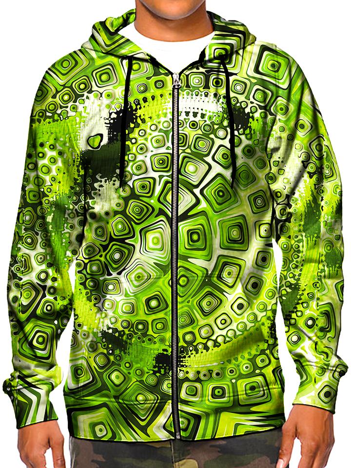 Model wearing green GratefullyDyed Apparel retro geometric mandala hoodie.