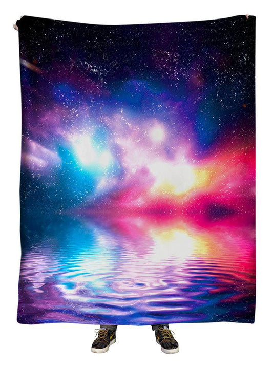 Hanging view of all over print water ripple in rainbow galaxy blanket by GratefullyDyed Apparel.