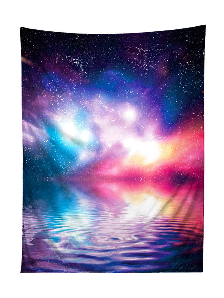Vertical hanging view of all over print purple, blue & pink space ripple water galaxy tapestry by GratefullyDyed Apparel.