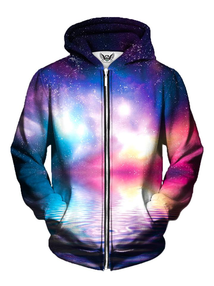 Men's purple, pink, blue & white space ripple zip-up hoodie front view.