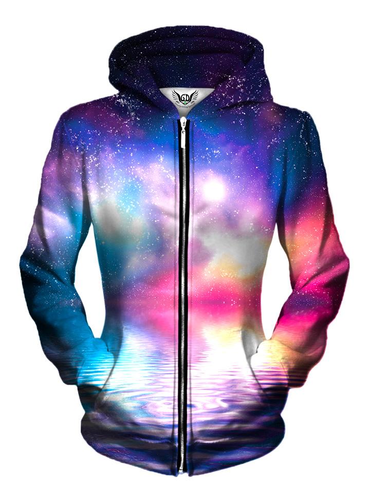 Front view of women's all over print water galaxy zip up hoody by Gratefully Dyed Apparel.