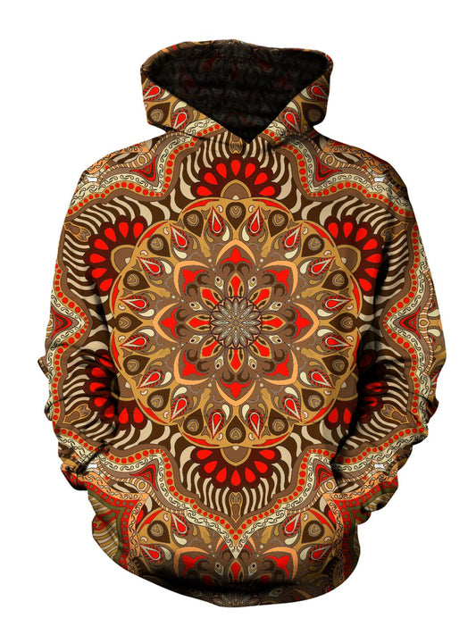 Men's orange & brown retro mandala pullover hoodie front view.