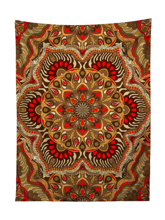 Vertical hanging view of all over print brown & orange mandala tapestry by GratefullyDyed Apparel.