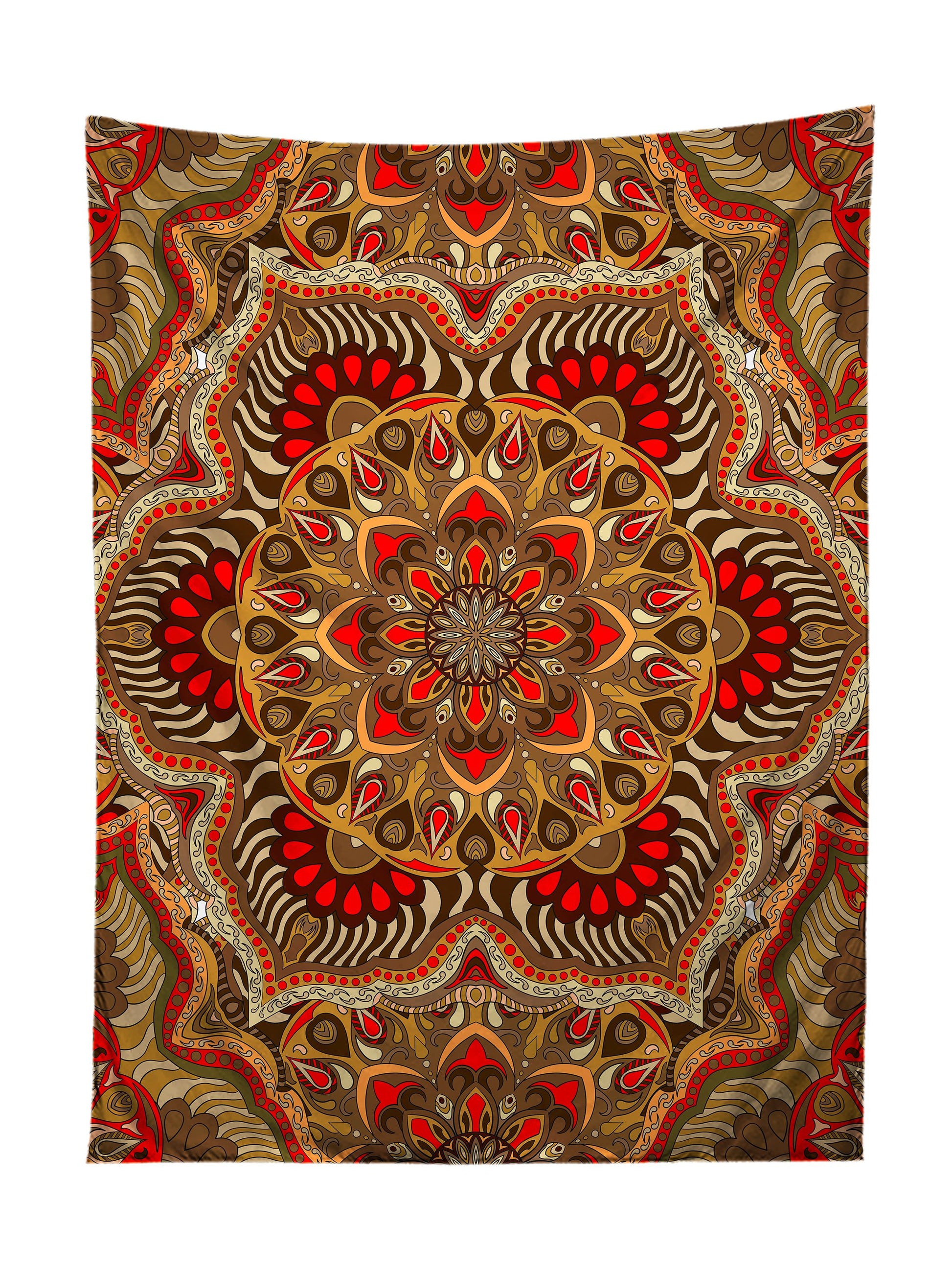Vertical hanging view of all over print brown & orange mandala tapestry by GratefullyDyed Apparel.
