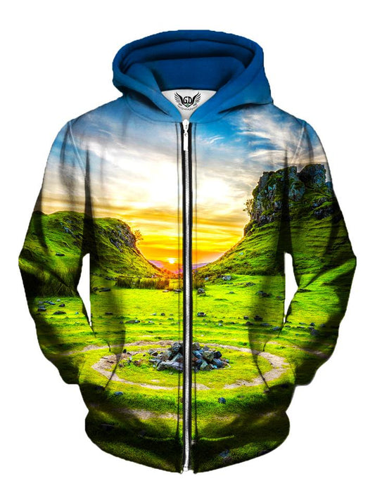 Men's sunset over zen rock garden zip-up hoodie front view.