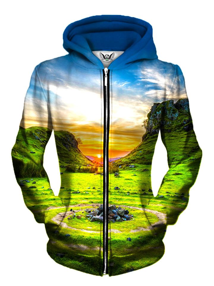 Front view of women's all over print nature zip up hoody by Gratefully Dyed Apparel.