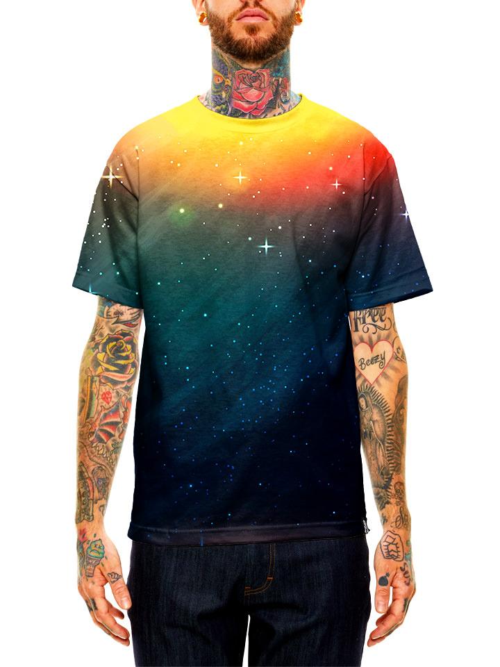 Model wearing GratefullyDyed Apparel sunset galaxy unisex t-shirt.