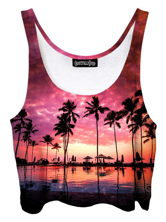 Trippy front view of GratefullyDyed Apparel pink & black Kawaii beach sunset crop top.