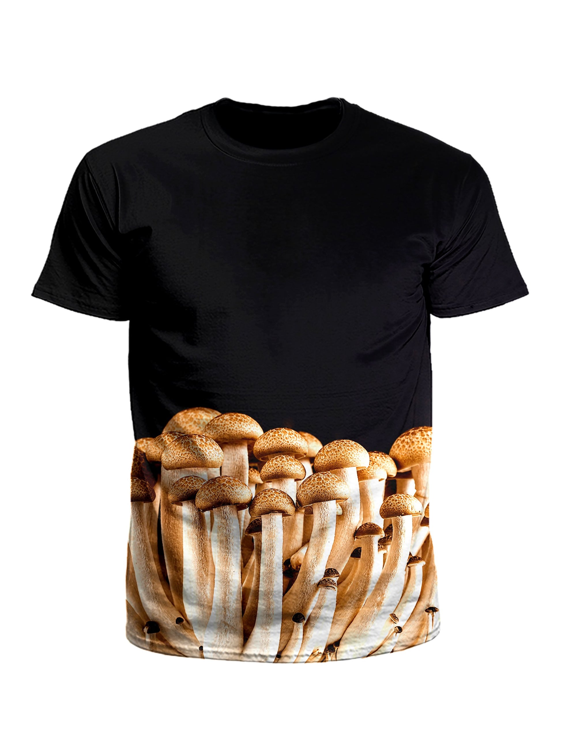 Men's black & brown mushroom unisex t-shirt front view.