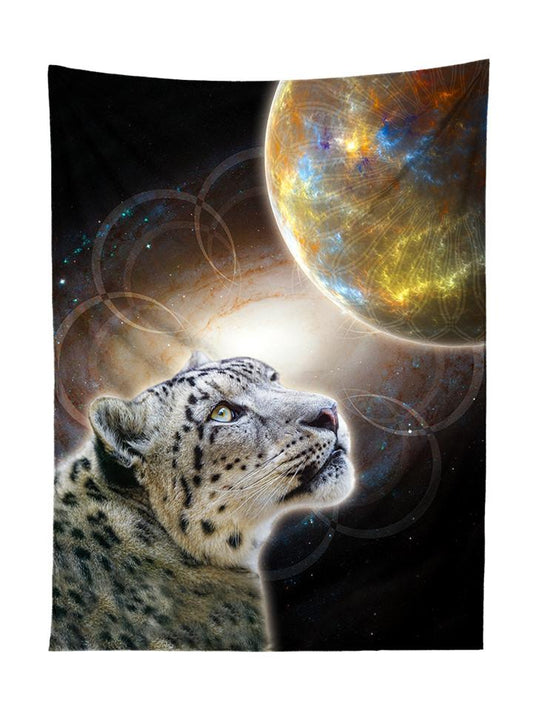 Vertical hanging view of all over print black & brown space leopard galaxy tapestry by GratefullyDyed Apparel.