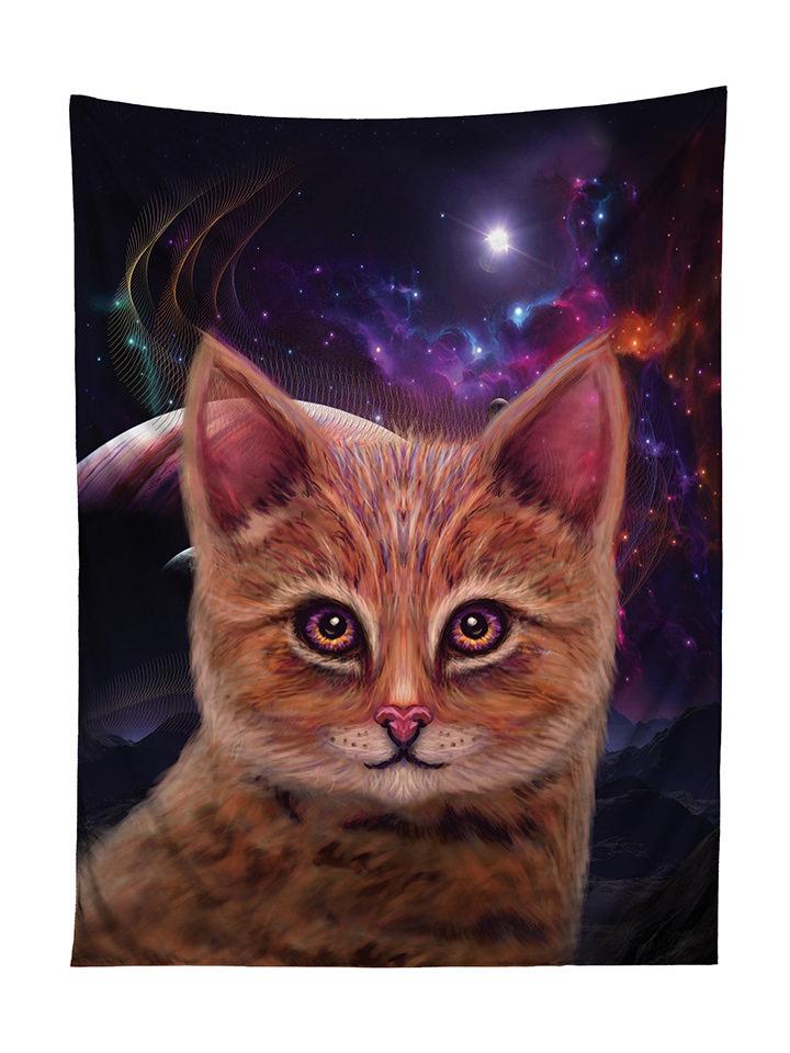 Vertical hanging view of all over print black & brown space kitty cat galaxy tapestry by GratefullyDyed Apparel.