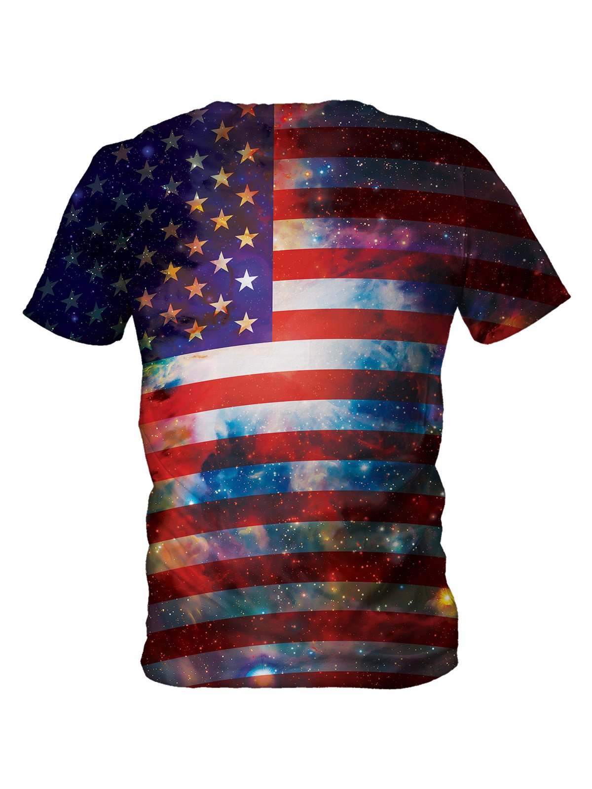Back view of all over print psychedelic space patriot t shirt by Gratefully Dyed Apparel. 