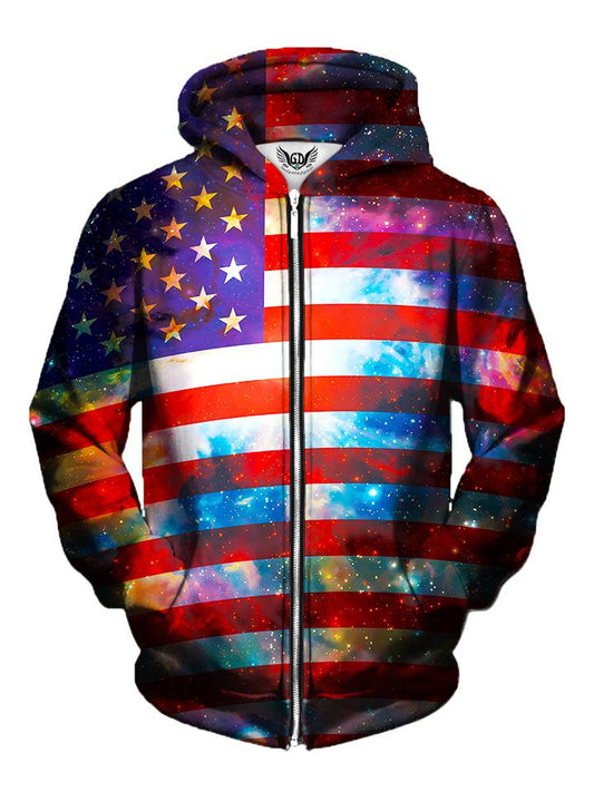 Men's red, white & blue american flag galaxy zip-up hoodie front view.