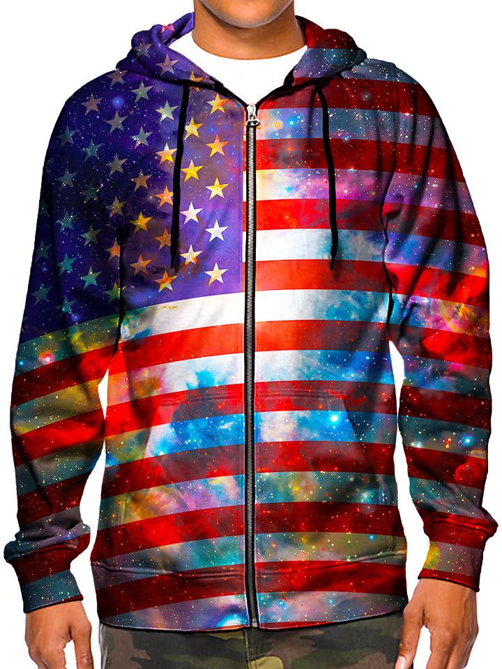 Model wearing GratefullyDyed Apparel psychedelic American flag galaxy zip-up hoodie.