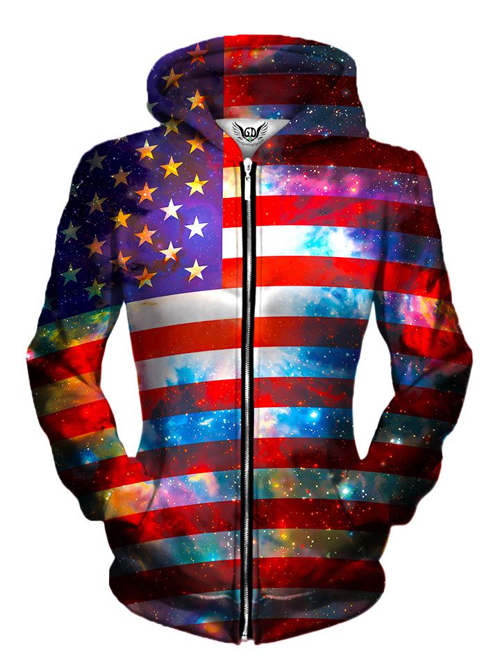 Front view of women's all over print 4th of July space zip up hoody by Gratefully Dyed Apparel.