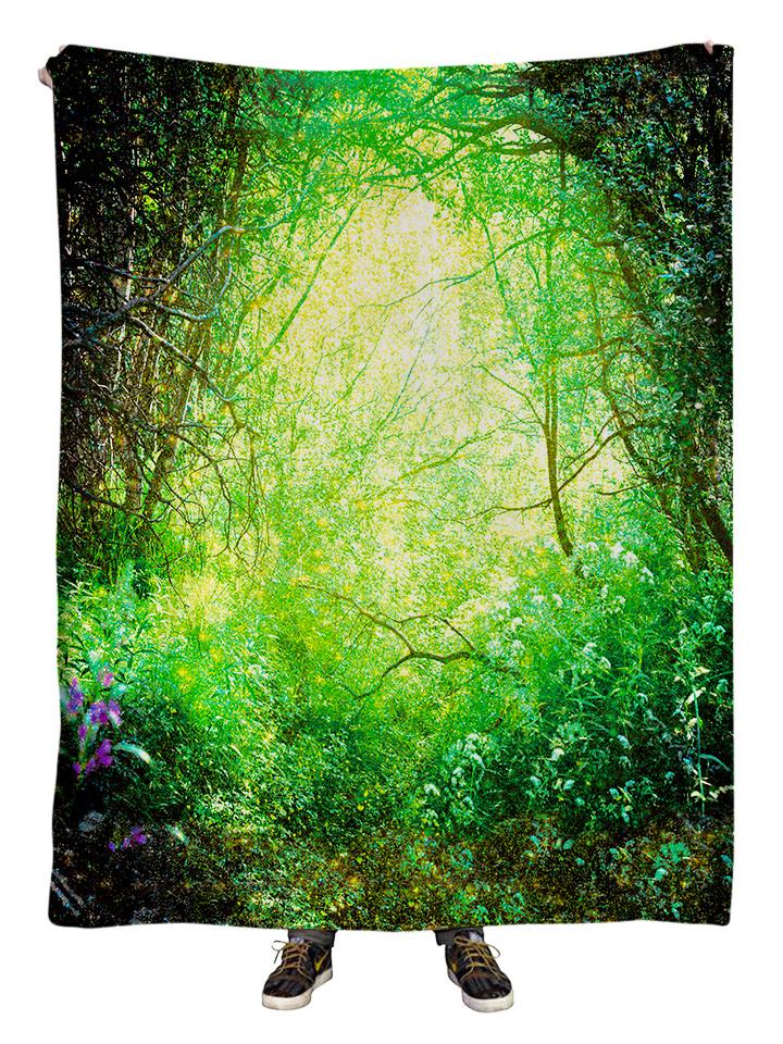 Hanging view of all over print green spring forest blanket by GratefullyDyed Apparel.