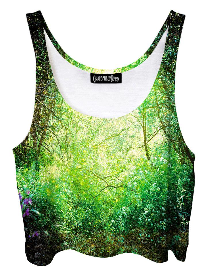 Trippy front view of GratefullyDyed Apparel green enchanted forest crop top.