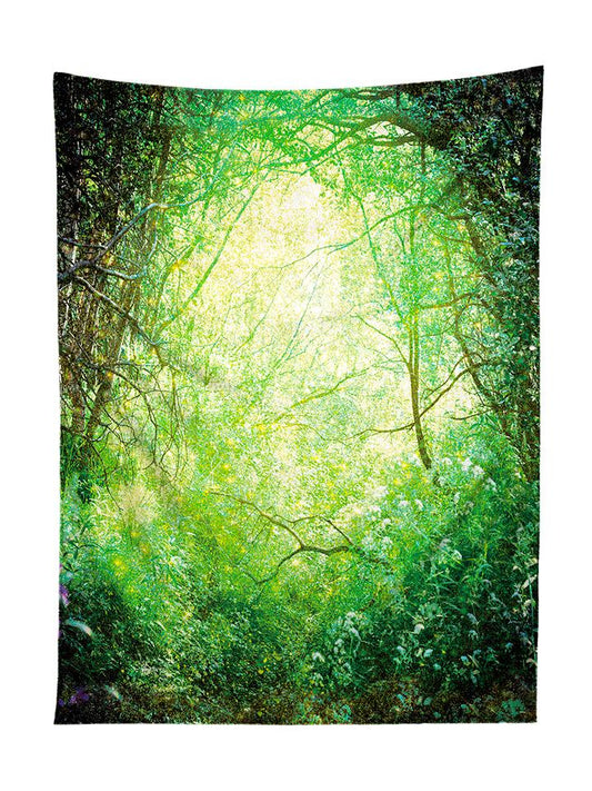 Vertical hanging view of all over print green enchanted forest tapestry by GratefullyDyed Apparel.