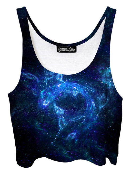 Trippy front view of GratefullyDyed Apparel black & blue spirit galaxy crop top.