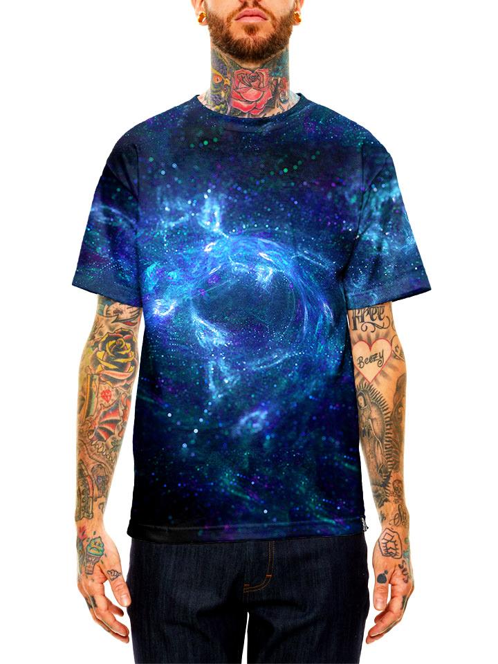 Model wearing GratefullyDyed Apparel black & blue spirit galaxy unisex t-shirt.