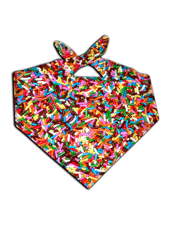 All over print rainbow chocolate sprinkles bandana by GratefullyDyed Apparel tied neck scarf view.
