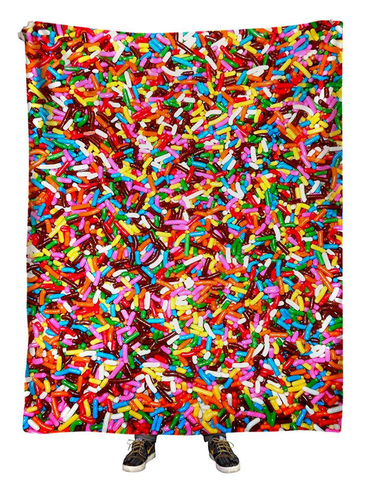 Hanging view of all over print rainbow chocolate sprinkles blanket by GratefullyDyed Apparel.