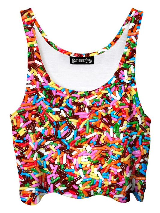 Trippy front view of GratefullyDyed Apparel rainbow chocolate sprinkles crop top.